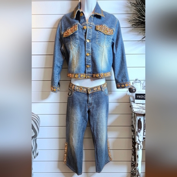 Haven Bleu Denim - 535 Haven Bleu Embellished Beaded Denim Set - Jacket & Pants
